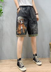 Art Schwarz Grau Elastische Taille Cartoon Mädchen Denim Shorts